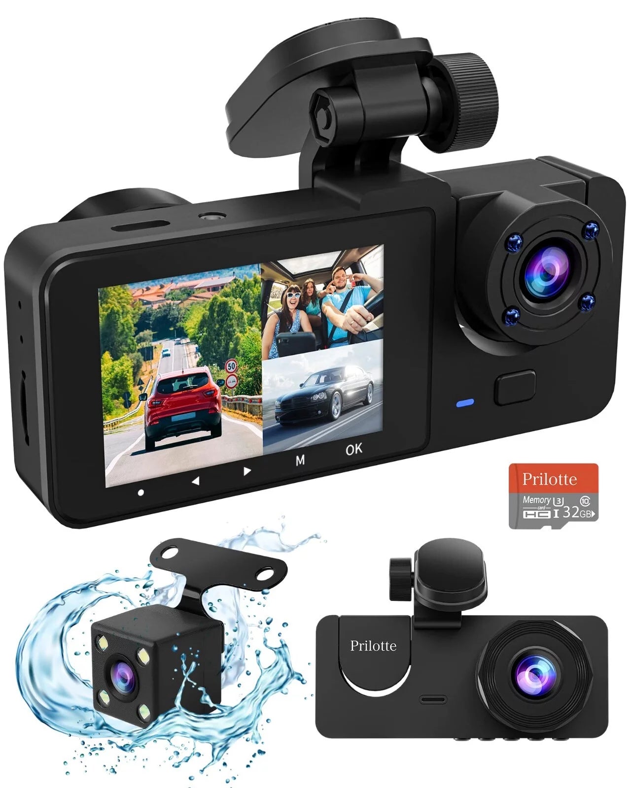 Dash Cam for Car, 1080P 3 Channel Front & Rear inside Dash Camera, Super Night Vision, Parking Monitor, Loop Recording, with 32GB SD Card