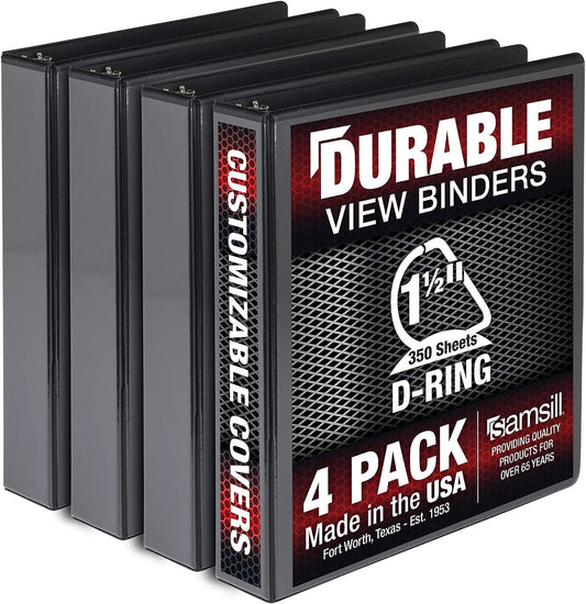 Durable 1.5 Inch Binder Made in the USA, D Ring Customizable Clear View Binder, Pack of 4